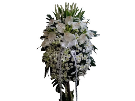 White Anthurium & Chrysanthemum Sympathy Stand – FlowerTalks Funeral Flower Delivery Philippines